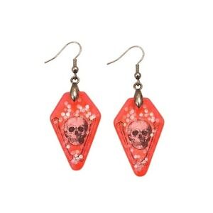Handmade Orange Coffin Skull Resin Earrings Glitter Goth Halloween OOAK